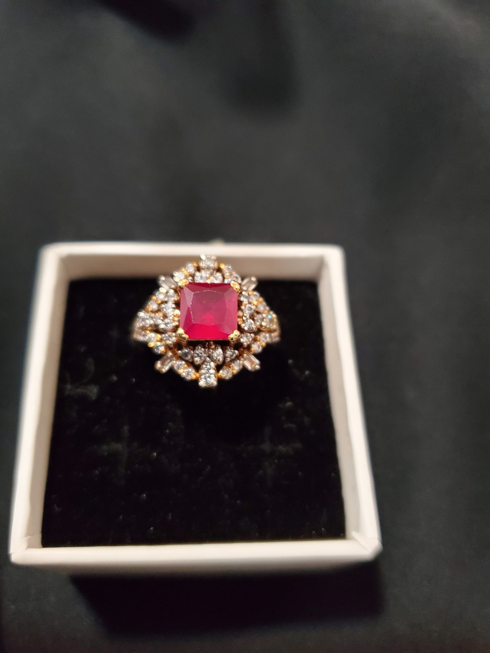 925 Sterling Silver Gold Plated Ring with Red Center Stone and Halo Accents
